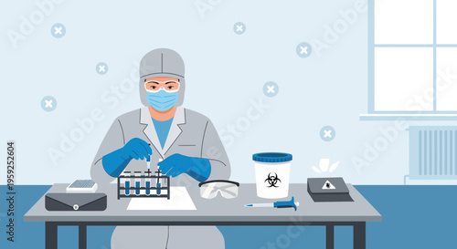 Scientist in hazmat suit conducting experiment with test tubes in laboratory
