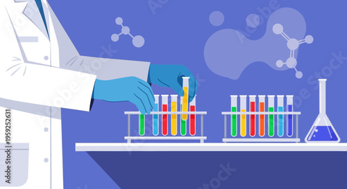 Scientist in Lab Coat Conducting Chemistry Experiment with Colorful Test Tubes and Molecules