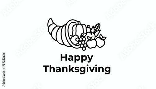 Happy Thanksgiving Cornucopia Outline with Fruits and Vegetables