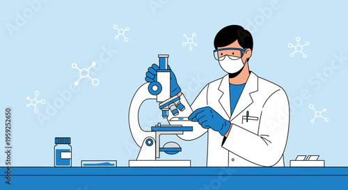 Scientist in Lab Coat Using Microscope, Conducting Research, Blue Background with Molecules