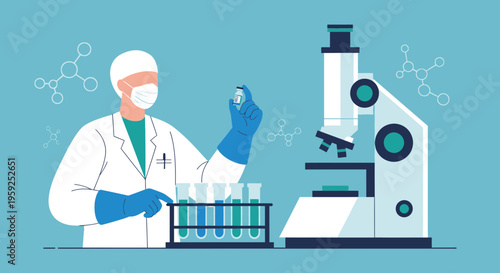 Scientist in Lab Coat Holding Vial Near Microscope and Test Tubes, Research Concept