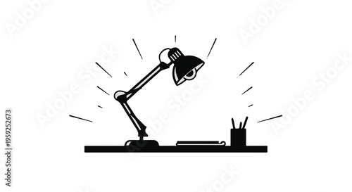Desk lamp illuminates creative workspace with bright idea radiating outwards.