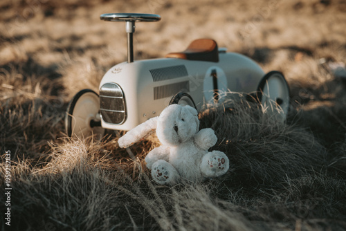 Peluche lapin blanc à côté d'une voiture à pédales rétro dans l'herbe sèche 