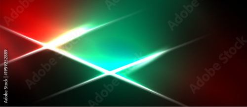 Abstract vibrant light flares intersect. Red, green hues dominate dark background. Brightness creates dynamic visual effect.