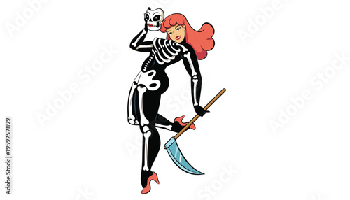 A cartoon skeleton woman in a black and white costume holding a scythe