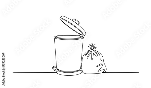 Continuous one line drawing dust bin and trash bag waste disposal vector illustration