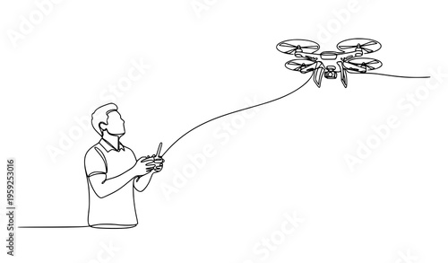 One continuous line drawing drone operator controlling flying device vector illustration