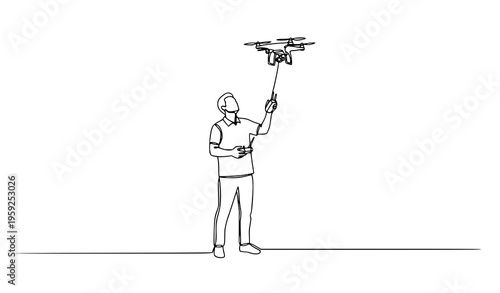 Continuous one line drawing man flying drone with remote control vector illustration