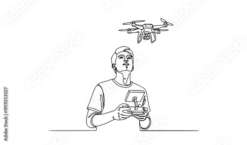Minimal man controlling drone remote line art technology vector illustration