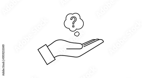 Hand holding a thought bubble with a question mark, representing doubt, confusion, or seeking answers.