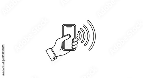 Hand holding smartphone with wireless signal waves, contactless payment concept