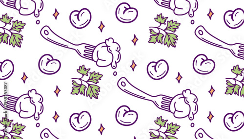 A vibrant illustration of food icons with forks and leaves on white background
