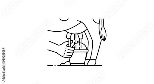 Hand Milking Cow Udder into Bucket, Farm Livestock Agriculture Concept, Line Art Illustration
