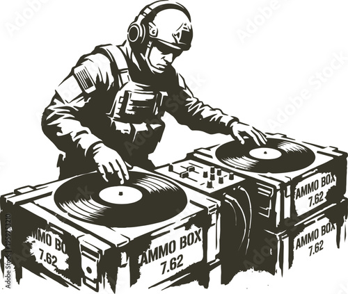 Soldier DJ mixing music on ammo boxes illustration