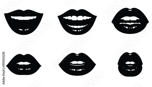 Lips silhouette vector icons set with different expressions and shapes