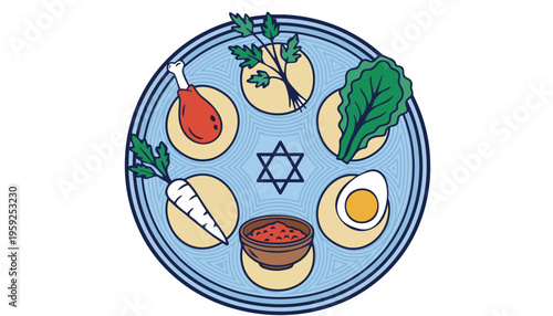 A traditional Jewish Seder plate illustration with symbolic foods and Star of David