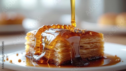Delicious Baklava Dessert with Syrup Pouring on a White Plate.