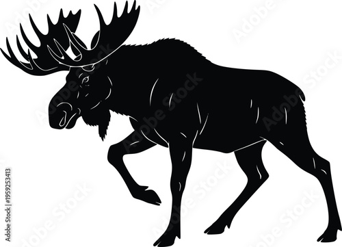 Vector silhouette of a majestic moose with large antlers walking in the wild.