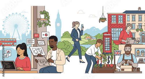 Illustration of diverse people working and commuting in a vibrant cityscape with iconic London landmarks and various occupations.