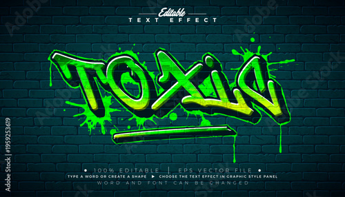 Editable Green Toxic Graffiti Text Effect Design with Customizable Colorful Grunge Hand Drawn Street Art Font on Brick Wall Background. Vector Illustrator Graphic Style Premium Typography Lettering