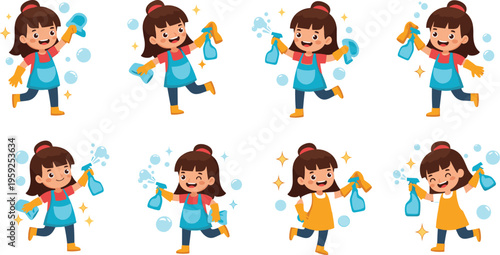 Cute girl cleaning set with spray bottle and sponge cartoon character vector illustration