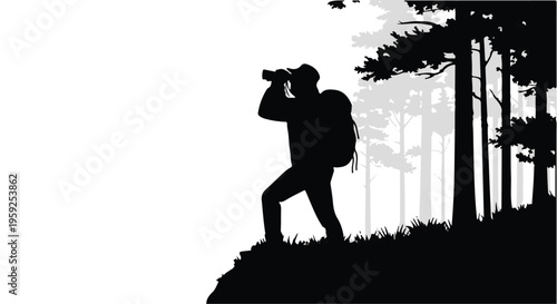 Adventurous hiker with backpack uses binoculars to explore a vast forest landscape.