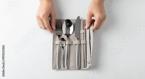 Hands holding a set of silverware in a fabric case on white background