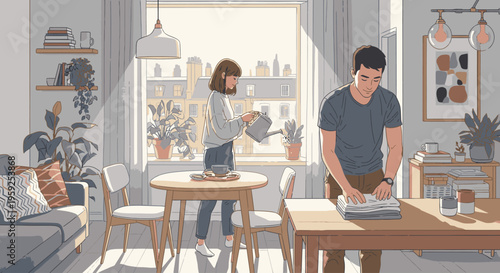 Couple engaging in household activities in a modern living room with dining area and natural light.