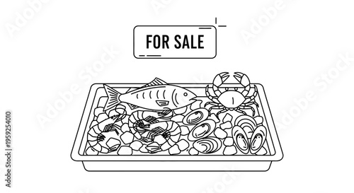 Fresh Seafood Platter for Sale: Fish, Shrimp, Oysters, and Crab - Line Art