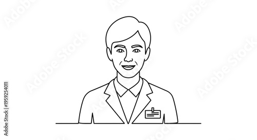 Friendly Doctor or Scientist in Lab Coat with ID Badge, Line Art Portrait