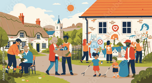 Illustration of a diverse group of people cleaning and decorating a suburban street with colorful graffiti and flowers on a sunny day.