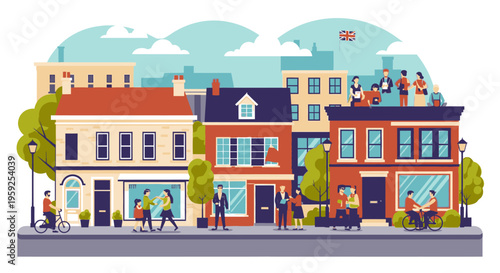 Illustration of a vibrant city street with people walking and biking in front of colorful buildings and trees under a blue sky with clouds.