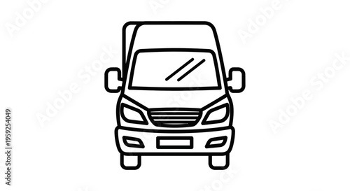 Front View of a White Delivery Van Icon, Simple Line Art, Isolated on White Background