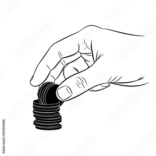 A hand stacking coins in a minimalist black and white illustration