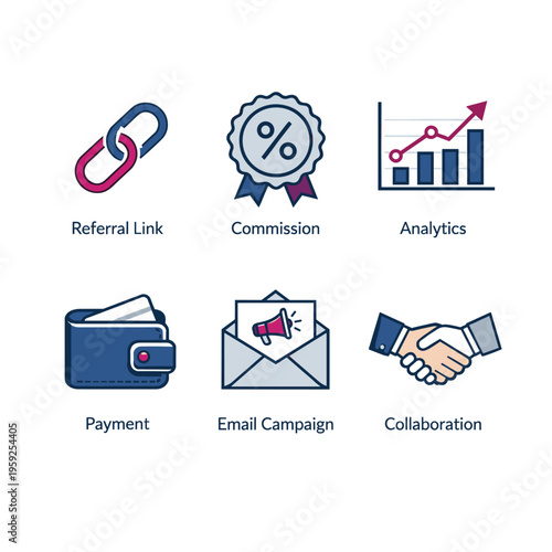 Marketing icons set for referral and commission tracking