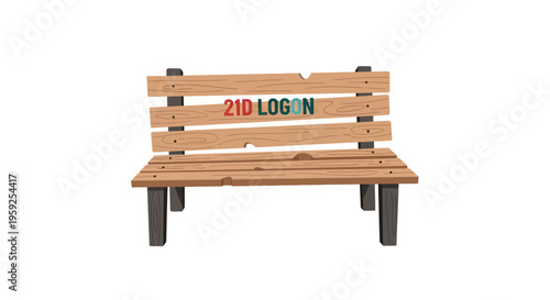 A wooden bench with a colorful logo.