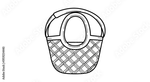 Empty Wicker Picnic Basket with Handle, Hand-Drawn Sketch Style