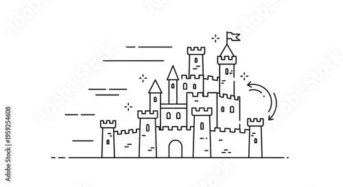 Fantasy Castle Outline Icon, Fairytale Medieval Fortress, Royal Palace Building