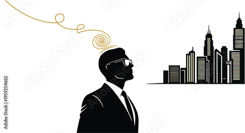 Man in suit contemplates urban skyline, symbolizing ambition and future planning.