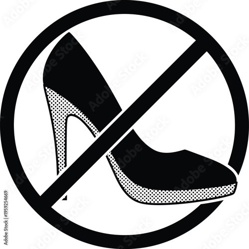 No high heels sign icon, prohibition symbol for footwear restriction, safety warning design, black silhouette graphic isolated on white background