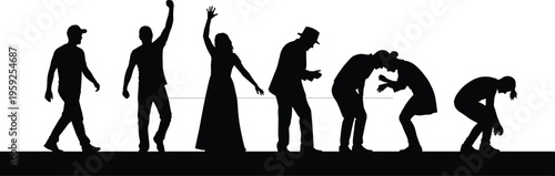 People silhouettes walking dancing fighting different actions human behavior social interaction concept isolated on white background illustration collection