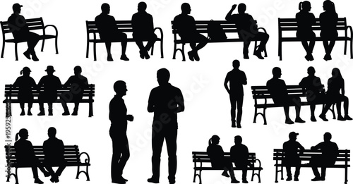 People sitting on park benches silhouettes collection with different poses and interactions, outdoor lifestyle social communication concept illustration isolated set