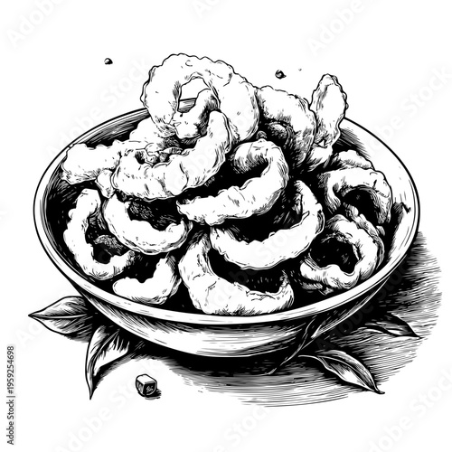 Delightful hand-drawn black and white illustration of crispy deep-fried savory rings in a bowl, a delicious snack food graphic for adobe stock projects