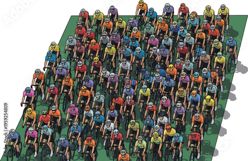 Overhead view shows a large peloton of brightly colored cyclists competing closely on a green surface.