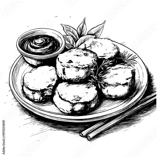 Hand Drawn Illustration of Filipino Food Kikiam and Sauce on a Plate, Adobe Stock