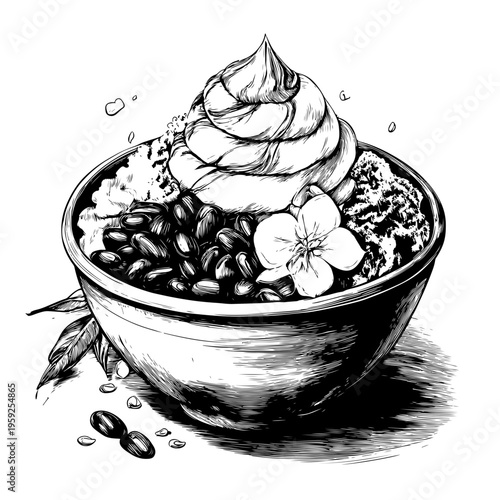 Delicious hand-drawn dessert illustration, showcasing a traditional sweet treat in a bowl with various toppings, perfect for culinary and menu design themes, available on adobe stock