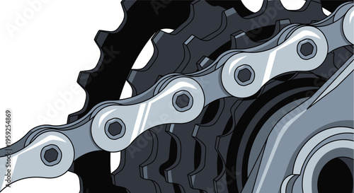Close-up illustration depicts a metallic bicycle chain engaging with dark gray sprockets on a white background.