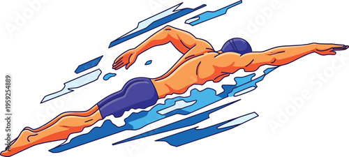 Swimmer performs freestyle stroke with dynamic water splashes depicted in a stylized graphic.