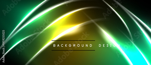 Abstract neon lines create vibrant gradient effect. Dark background emphasizes glowing curves, modern design element.