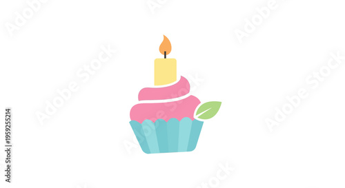 A colorful illustration of a cupcake with a candle on top.